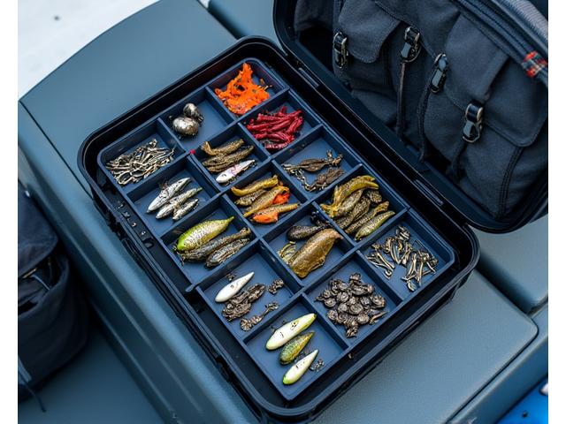 Colección de cajas de tackle modulares y mochilas organizadoras, en un entorno ordenado de pescador.