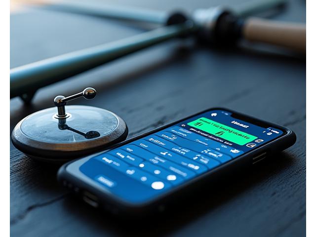 Báscula inteligente para pesca con pantalla digital, conectada a un smartphone mostrando una app de registro de capturas.