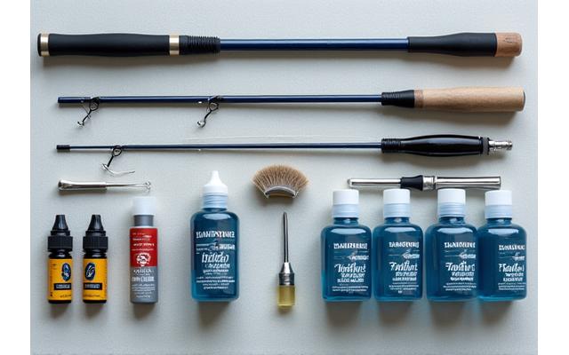 Kit de mantenimiento para cañas y carretes de pesca, incluyendo aceites, grasas y paños de limpieza.
