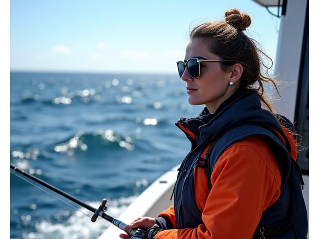 Foto de Marta Sanz a bordo de un barco de pesca, mostrando un carrete OceanPro 5000 con el mar de fondo.