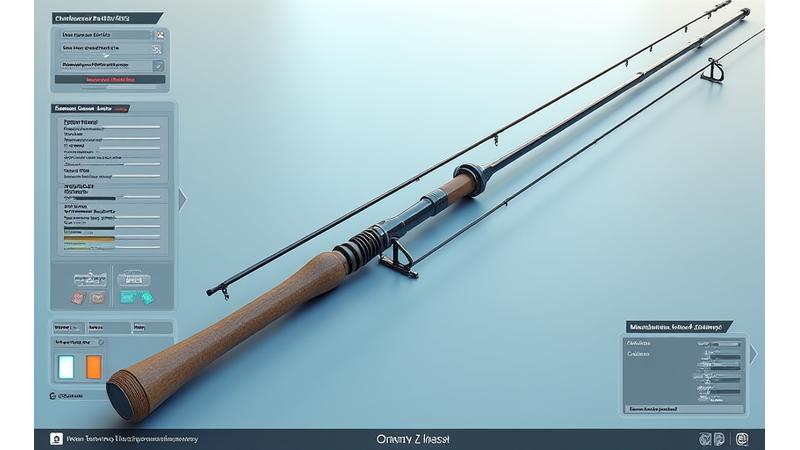 Interfaz de configurador 3D de cañas de pesca con opciones de personalización