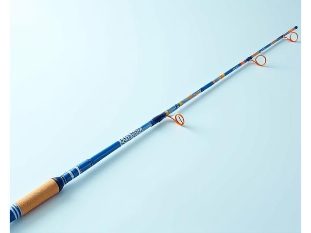 Caña de surfcasting personalizada en tonos azules y blancos, con empuñadura de corcho.
