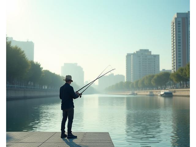 Pescador practicando pesca urbana en un muelle con la ciudad de Valencia al fondo