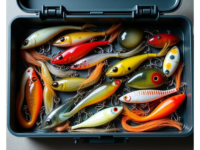 Variedad de líneas de pesca y señuelos vibrantes