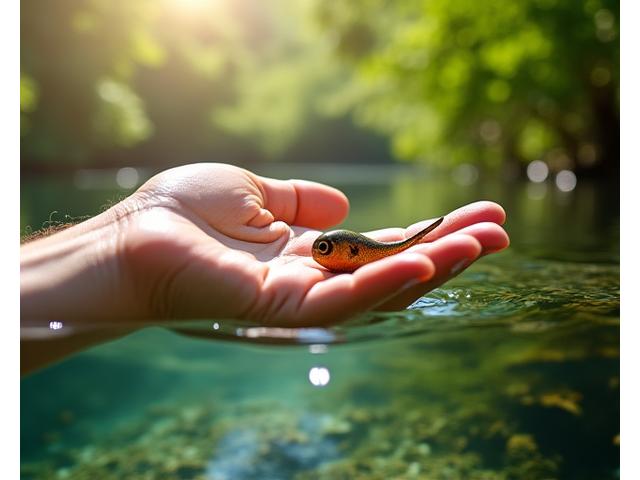 Mano sosteniendo un señuelo de pesca biodegradable en la naturaleza