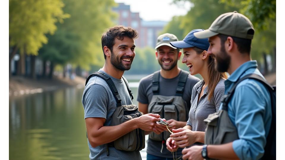 Grupo de pescadores urbanos charlando junto a un río en la ciudad, compartiendo consejos y mostrando sus capturas y equipos