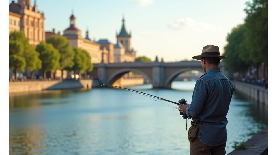 Pescador urbano lanzando línea en el río Turia con la arquitectura de Valencia al fondo