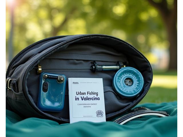 Kit de pesca urbana completo, con caña compacta, carrete, pequeña caja de señuelos y manual sobre una manta de picnic en un parque urbano