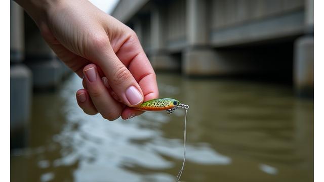 Primer plano de una mano sosteniendo un señuelo de spinning sobre un fondo difuminado de agua urbana