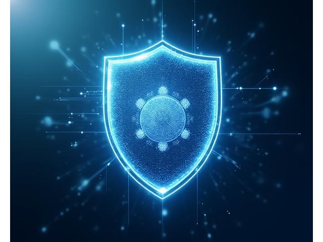 Ilustración de un escudo digital protegiendo un conjunto de datos, con ondas de encriptación.