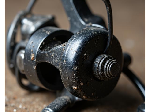 Carrete de casting visiblemente oxidado y sucio.