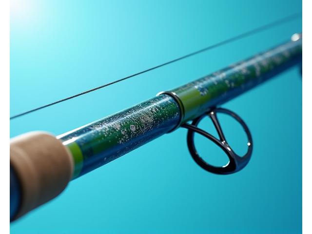 Caña de surfcasting restaurada, brillo uniforme y sin daños visibles.