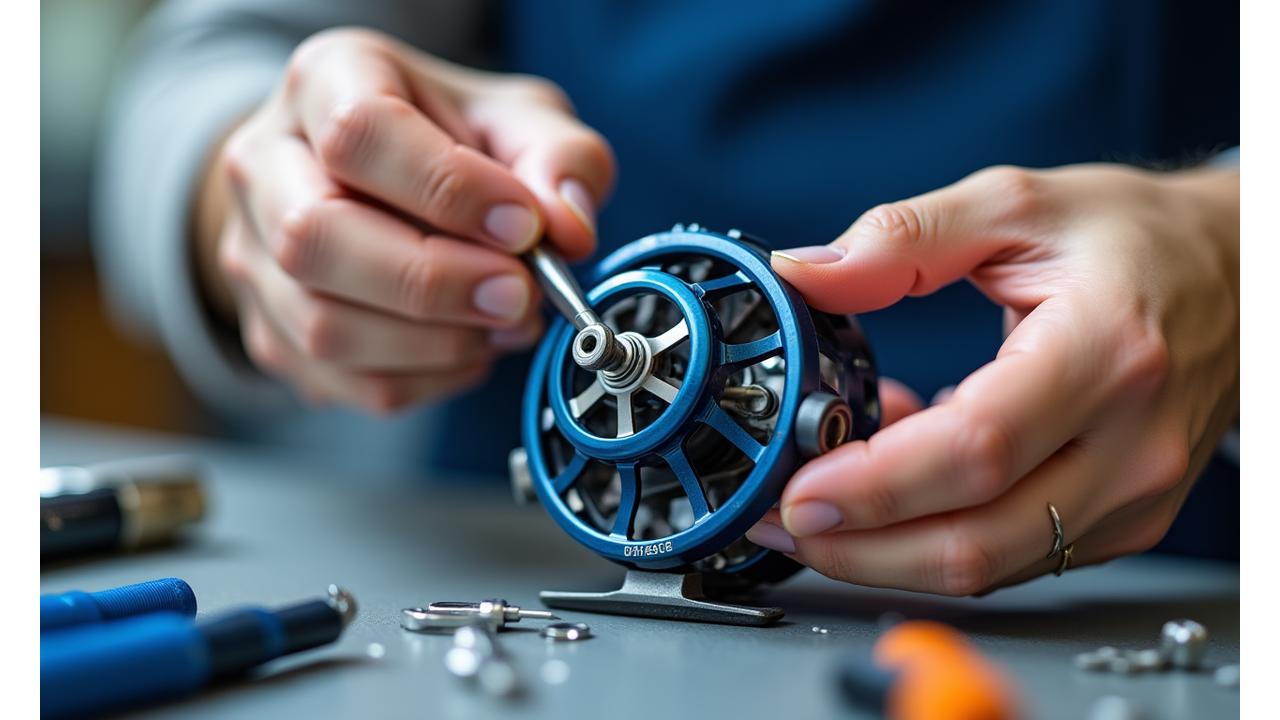 Mano experta reparando un carrete de pesca de cerca.