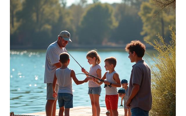 Grupo de niños aprendiendo a pescar de un instructor adulto en un muelle en Valencia