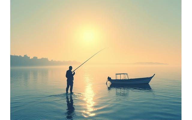 Un pescador experimentando lanzando su línea al amanecer en la costa valenciana