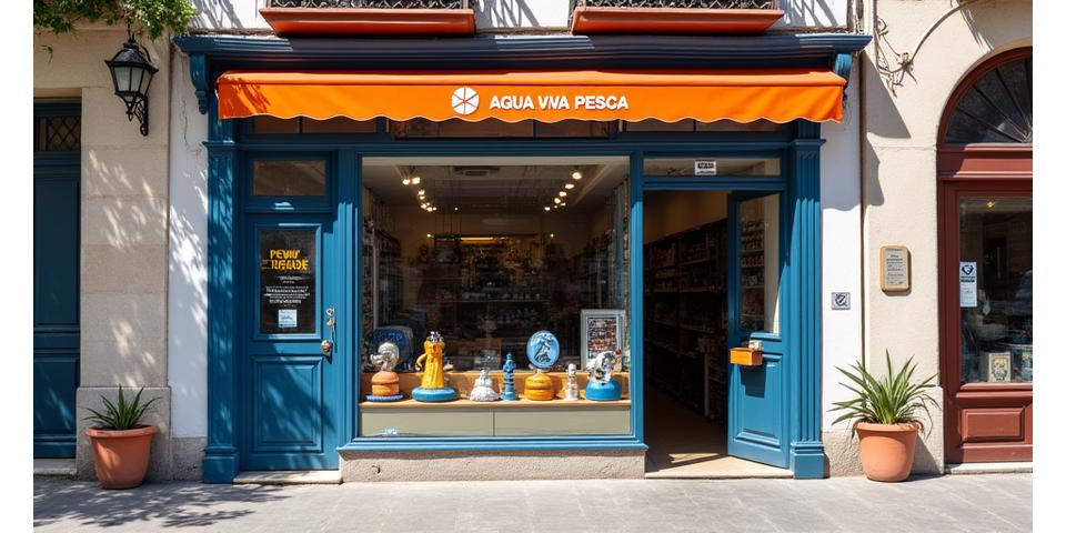Fachada de la tienda Agua Viva Pesca con un letrero que dice 'Premio a la Excelencia'