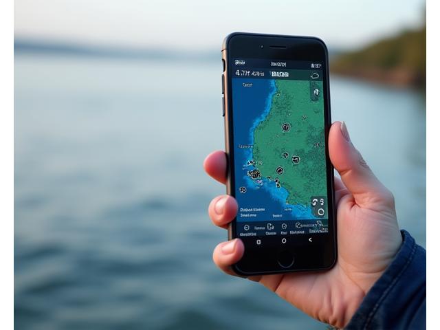 Mano sosteniendo un smartphone mostrando una aplicación de pesca con datos de sonda y GPS