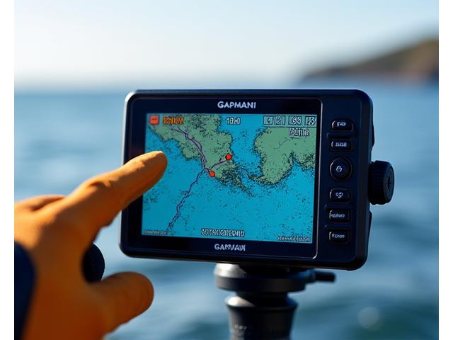 Dispositivo GPS marino mostrando un mapa detallado con puntos marcados