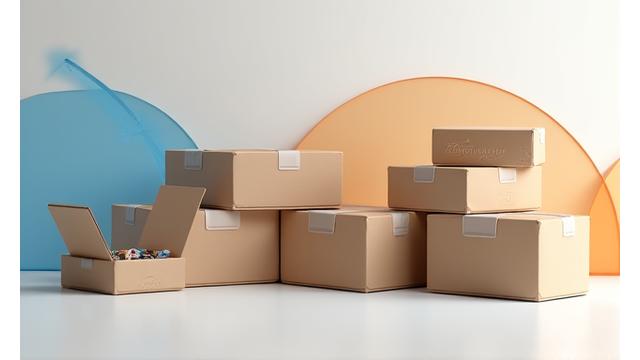 Cajas de paquetes con etiquetas de envío y una flecha indicando un proceso logístico eficiente.